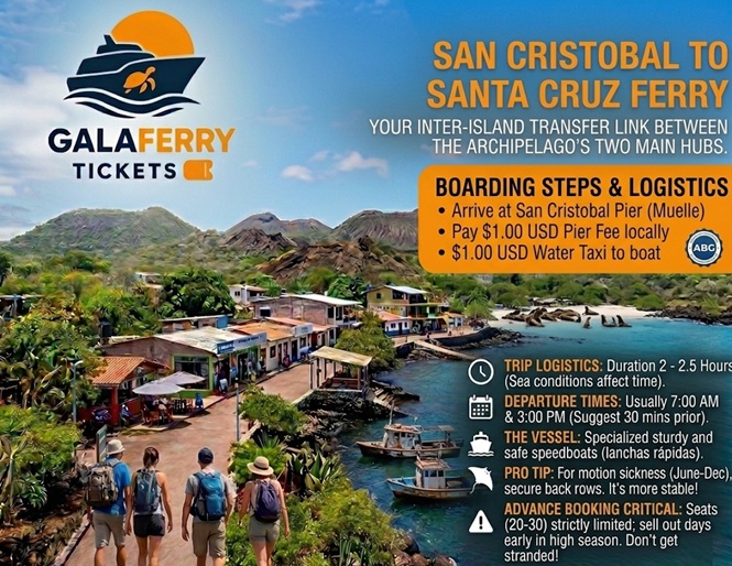 Inter-island ferry from San Cristobal to Santa Cruz with boarding steps and motion sickness advice