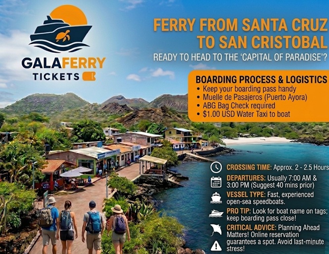Speedboat ferry from Santa Cruz to San Cristobal with Galaferry Tickets logo, departure schedules and boarding guide