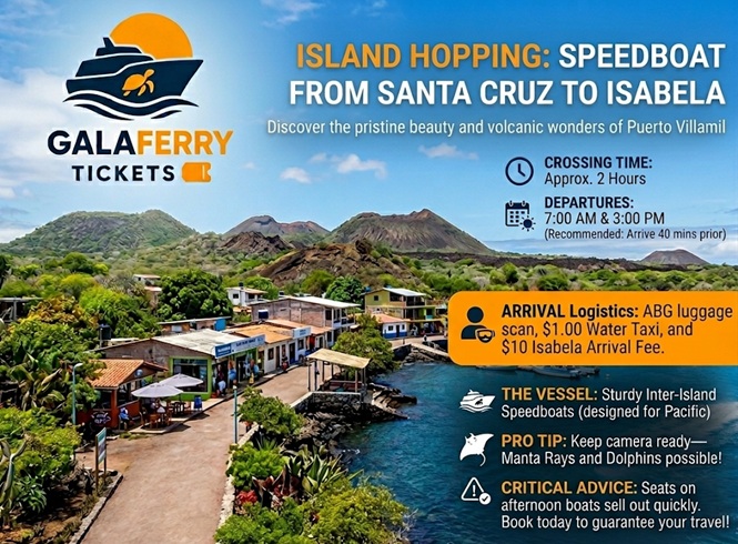 Island hopping ferry from Santa Cruz to Isabela featuring route timings, vessel info and Puerto Villamil arrival logistics