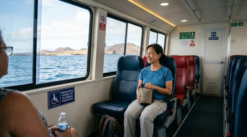 Tourist luggage and suitcases being loaded onto a Galapagos inter-island ferry boat.