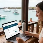 A smiling traveler sits at an outdoor cafe overlooking Puerto Ayora harbor, securely booking Galaferry tickets online using her laptop and credit card.