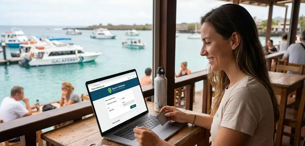 A smiling traveler sits at an outdoor cafe overlooking Puerto Ayora harbor, securely booking Galaferry tickets online using her laptop and credit card.