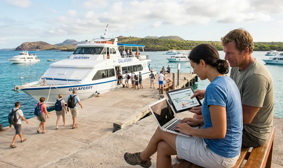 A couple sits on a wooden bench at the harbor, focused on their laptop and tablet to securely check Galaferry ticket prices for their upcoming inter-island trip.
