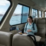 A traveler sitting inside a Galapagos ferry cabin during a boat trip between islands, showing the interior and ocean view.