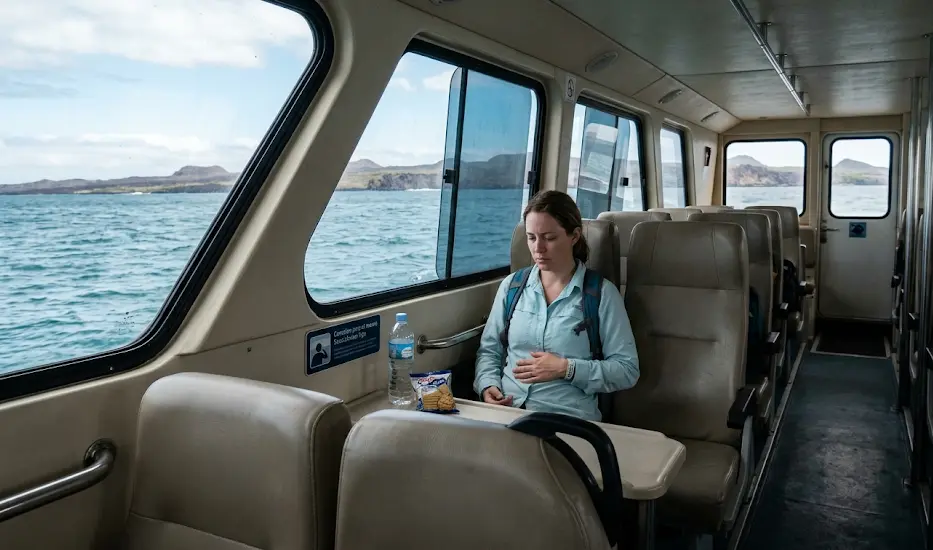 A traveler sitting inside a Galapagos ferry cabin during a boat trip between islands, showing the interior and ocean view.