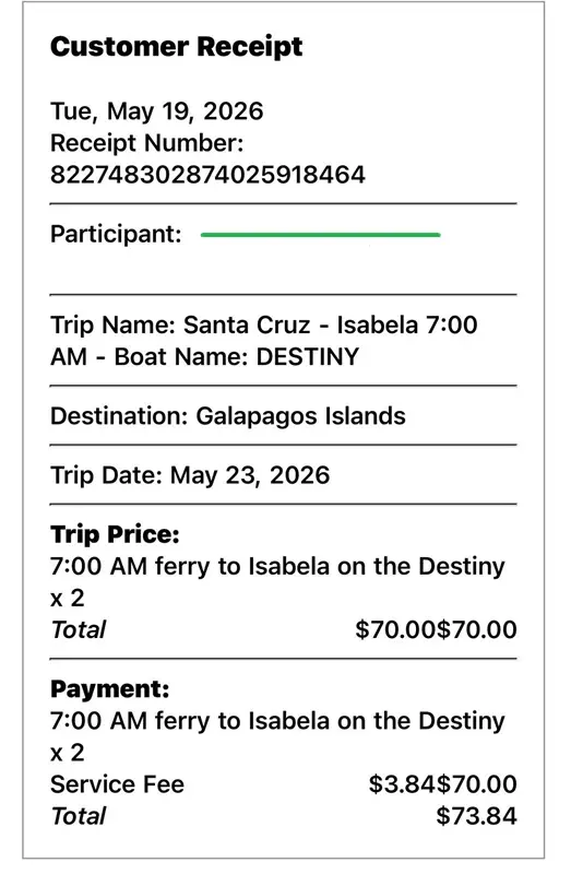 ticket galapagos example payment receipt