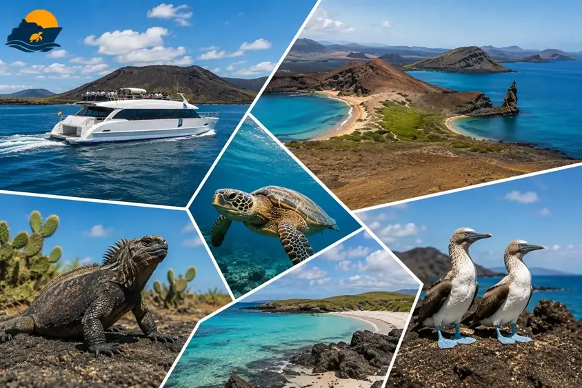 Galápagos Island Hopping with a modern ferry traveling between volcanic islands