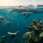 A massive humpback whale and its calf swimming in deep blue Galápagos waters, surrounded by dynamic wildlife including Galápagos penguins, sea lions, and sea turtles near a rich volcanic reef during the month of September