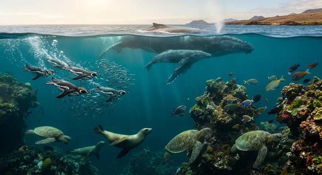 A massive humpback whale and its calf swimming in deep blue Galápagos waters, surrounded by dynamic wildlife including Galápagos penguins, sea lions, and sea turtles near a rich volcanic reef during the month of September