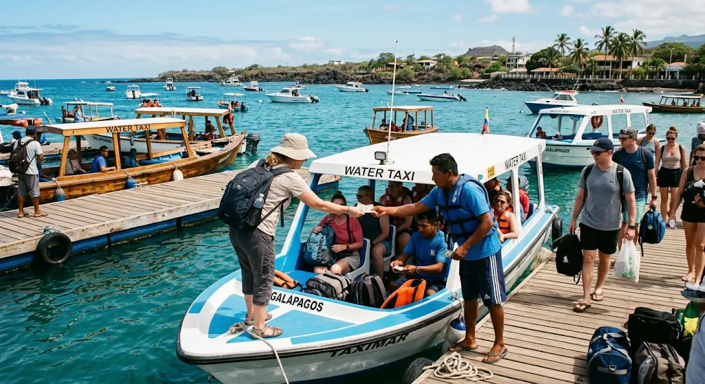 A tourist handing payment to a water taxi driver at a wooden pier in the Galapagos Islands.