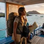 Backpacking Gal谩pagos: Budget Flights and Ferry Strategies A traveler carrying a large hiking backpack stands on the deck of a ferry boat near the Gal谩pagos Islands, holding a paper map. In the background, a small passenger airplane approaches a landing strip near volcanic hills and turquoise waters.