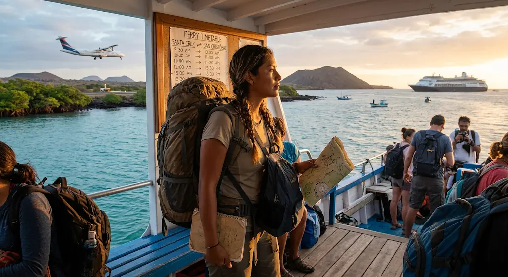 A traveler carrying a large hiking backpack stands on the deck of a ferry boat near the Galápagos Islands, holding a paper map. In the background, a small passenger airplane approaches a landing strip near volcanic hills and turquoise waters.