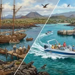 Gal谩pagos Maritime Transport: Cargo Ships to Speedboats A split-panel painting illustrating the maritime evolution of the Gal谩pagos Islands, contrasting a traditional wooden cargo schooner at a rugged shore on the left with a modern fibreglass speedboat and marina scene on the right