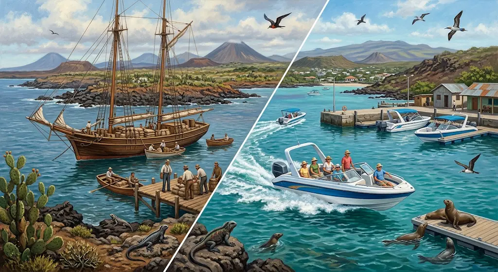 A split-panel painting illustrating the maritime evolution of the Galápagos Islands, contrasting a traditional wooden cargo schooner at a rugged shore on the left with a modern fibreglass speedboat and marina scene on the right
