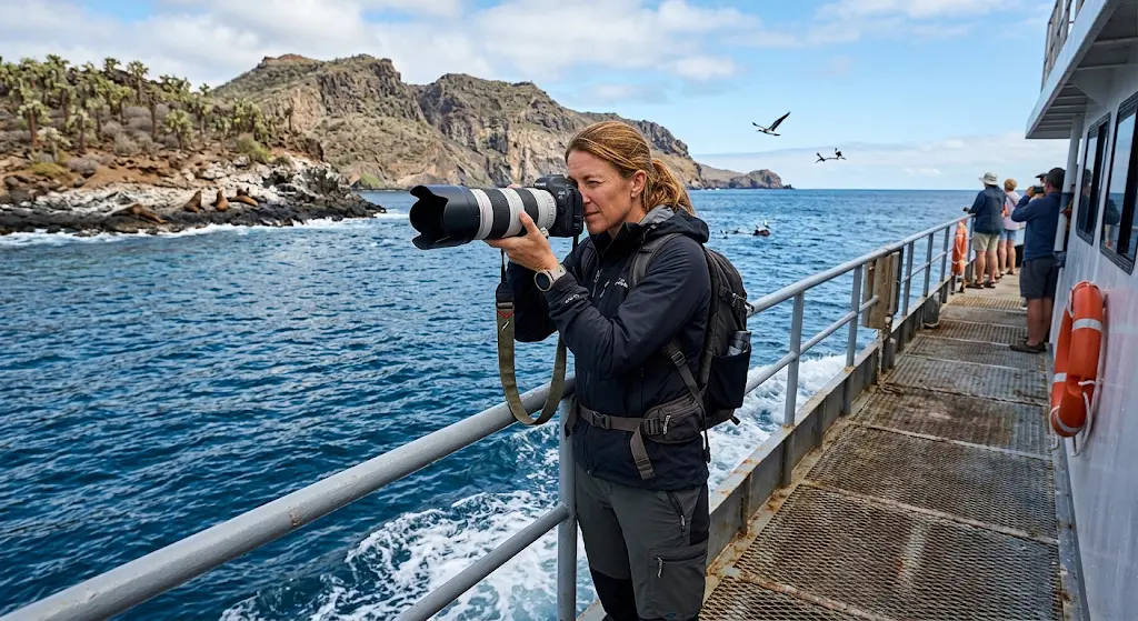 Photographer capturing marine wildlife from the deck of a boat in Galápagos