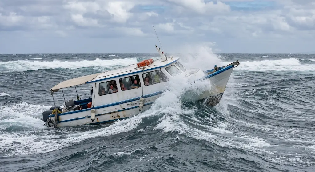 Small speedboat ferry crashing through rough, choppy ocean waves during the inter-island crossing between Santa Cruz and Isabela in the Galápagos Islands.